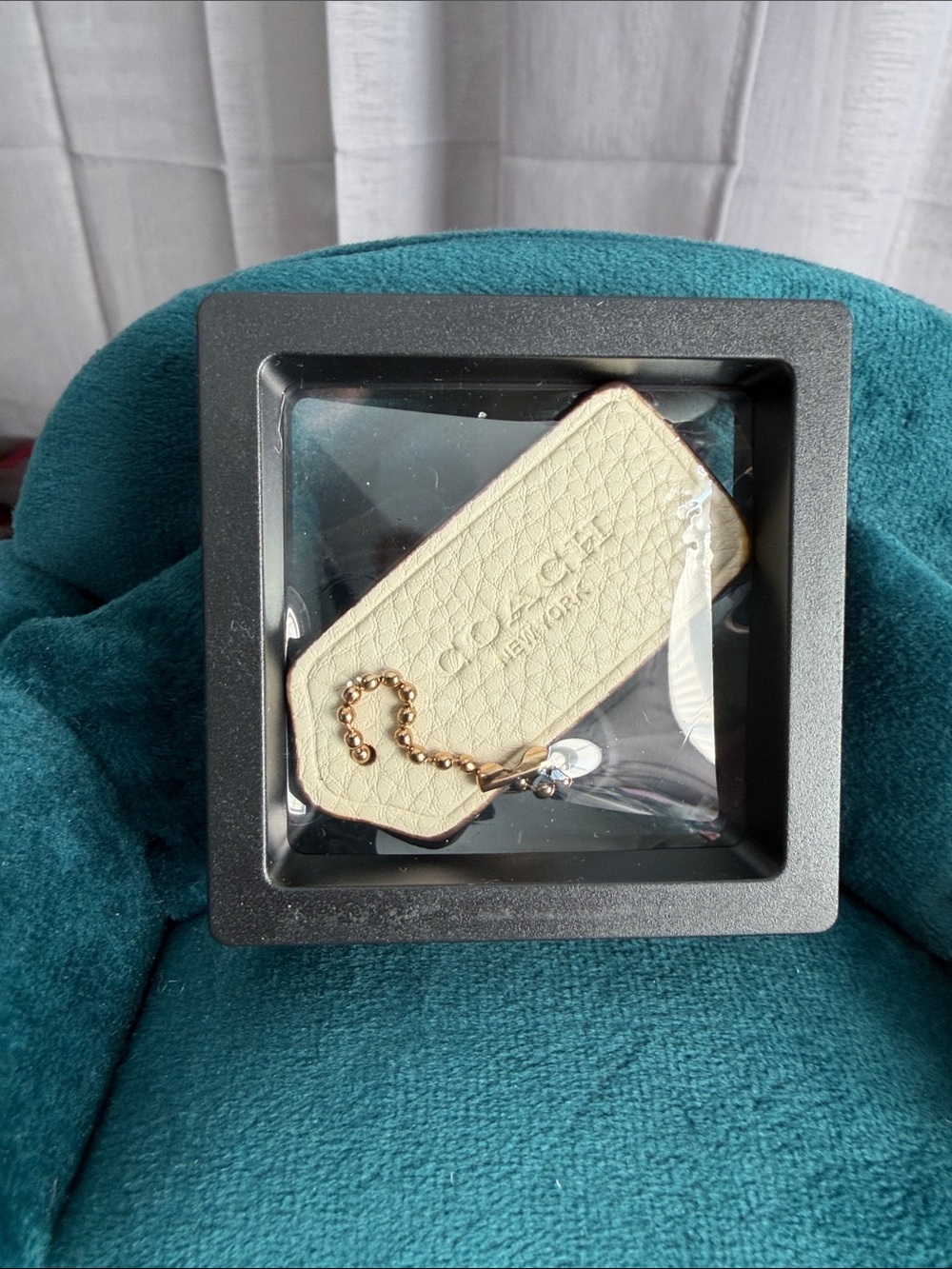Coach Cream Leather Key Tag with Gold Chain